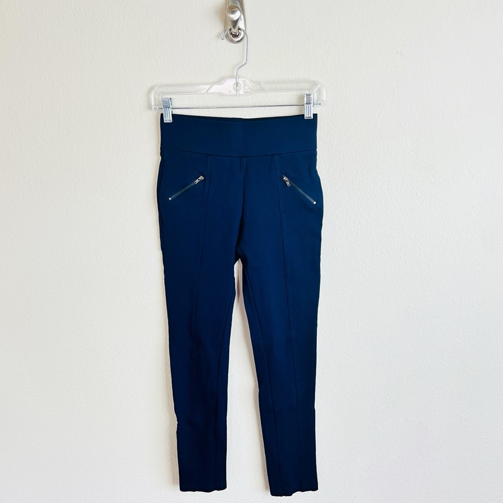Fashion Nova Active Navy Gold Zipper Pleated Crepe Legging Pants Trousers